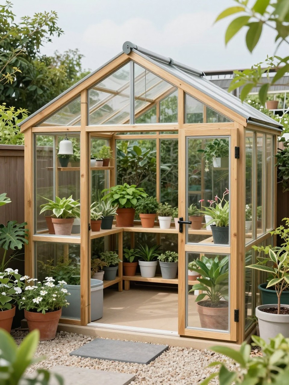 Image Prompt: A beautiful greenhouse-style backyard storage shed with glass panels, wooden frame, shelves with pots and garden supplies, plants around the entrance, gravel floor, bright and airy garden workspace, realistic DSLR photo quality, no people, no watermarks on images.