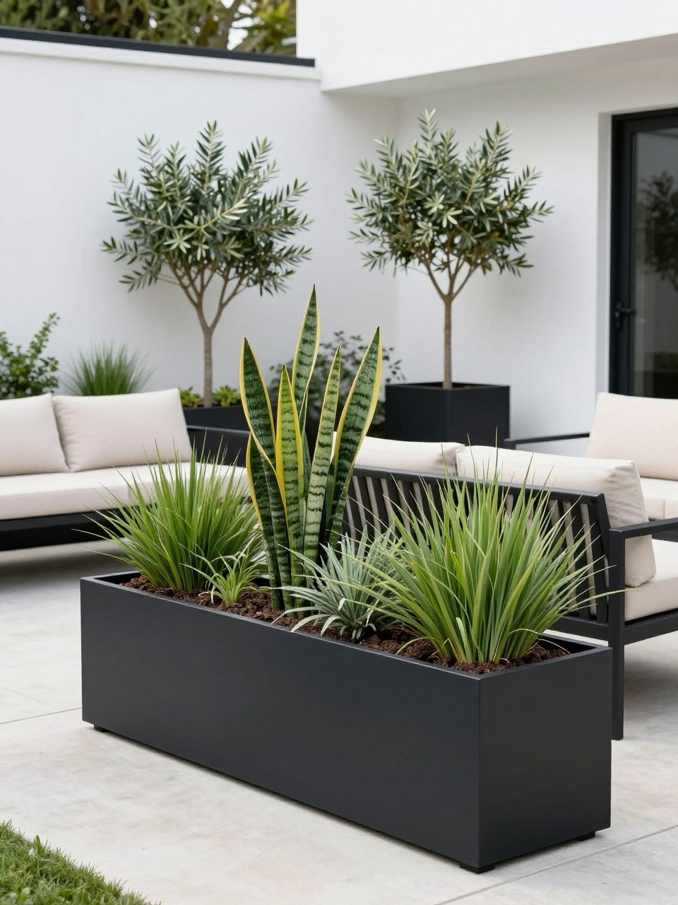 Image Prompt: A modern backyard patio with sleek black rectangular planters filled with sculptural greenery, ornamental grasses, snake plants, and small olive trees, concrete patio floor, black metal outdoor sofa, cream cushions, clean white exterior wall, bright natural daylight, stylish contemporary outdoor design, no people, realistic DSLR image, no text, no watermarks on images.