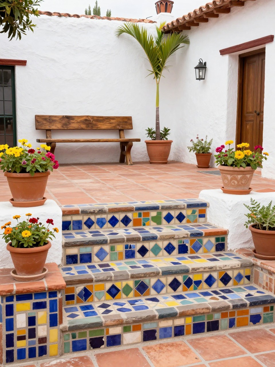Image Prompt: A lovely Mexican patio with mosaic-tiled steps leading down into the space, terracotta pavers, white stucco walls, potted flowers, rustic wooden bench, colorful tile accents around planters and stair risers, bright cheerful daylight, no people, realistic DSLR photo, no text, (no watermarks on images)