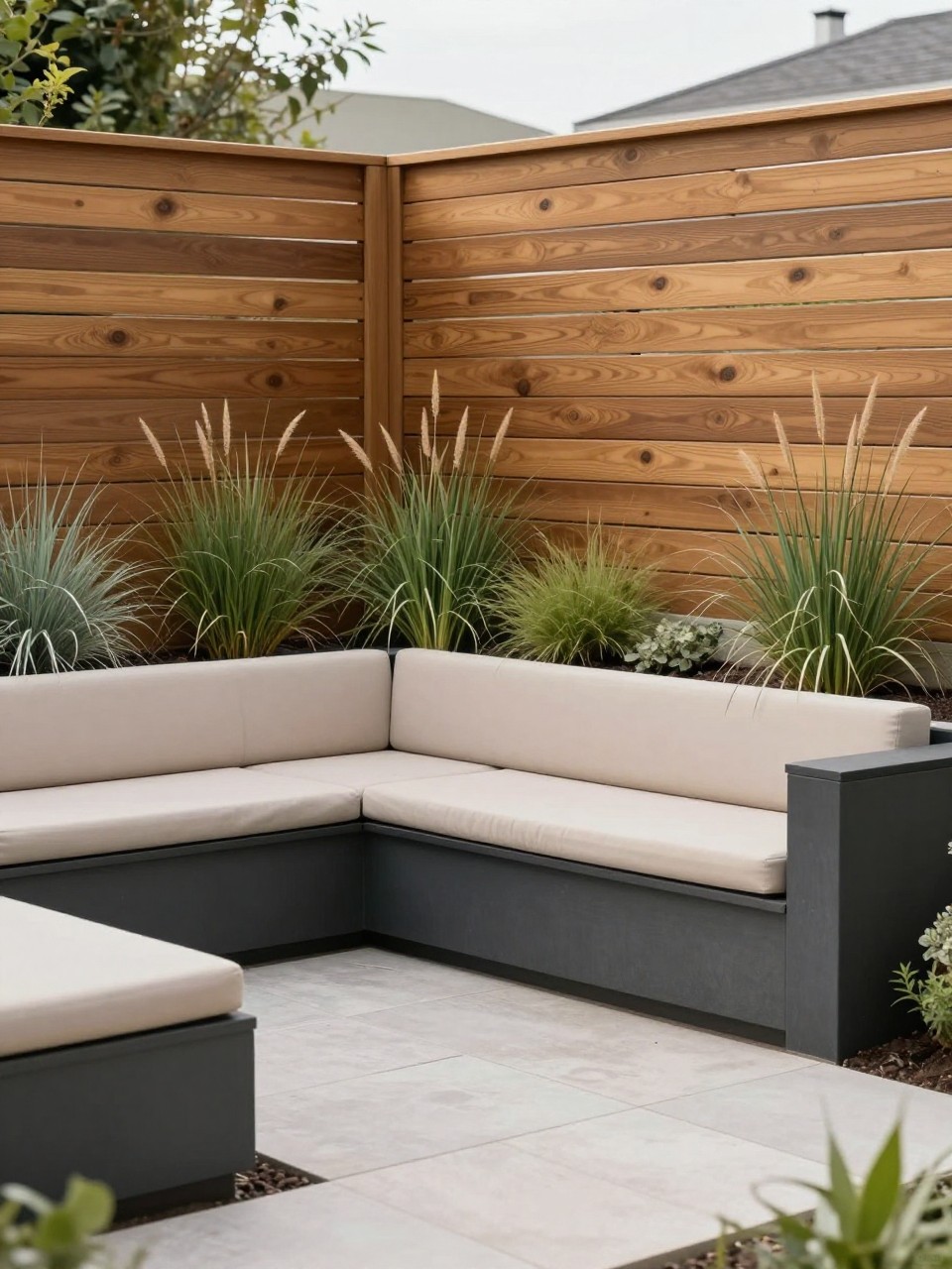 Image Prompt: A modern backyard garden with a warm horizontal slatted wood privacy screen, soft beige patio seating, raised planters filled with ornamental grasses, clean stone paving, black outdoor accents, premium contemporary landscaping, soft natural daylight, realistic DSLR photo quality, no people, no watermarks on images.