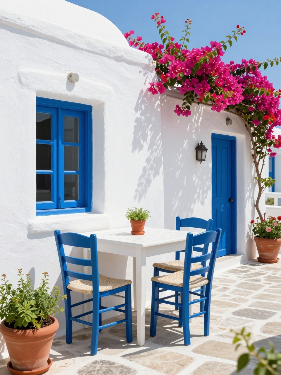 Image Prompt: A fresh Greek-inspired European patio with whitewashed walls, blue wooden chairs, small white dining table, terracotta pots with herbs, stone floor, potted bougainvillea, bright sunny Mediterranean mood, no people, realistic DSLR photo, no text, no watermarks on images.
