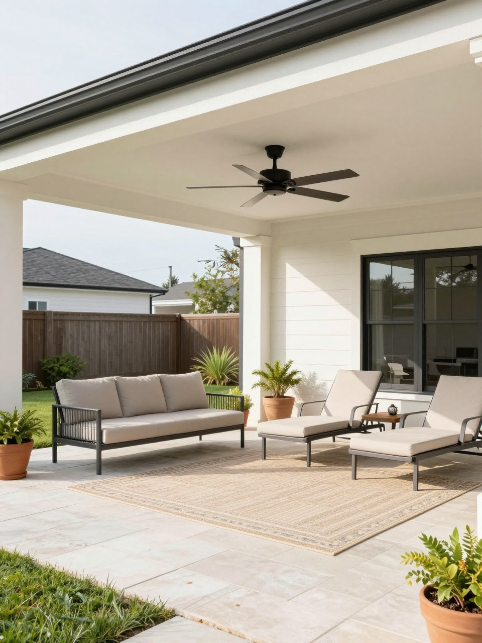 Image Prompt: A modern covered patio with a roof extension and black ceiling fan, simple outdoor sofa, two lounge chairs, large outdoor rug, potted plants, light stone flooring, bright airy backyard space, clean modern home exterior, no people, realistic DSLR image, no text, no watermarks on images.