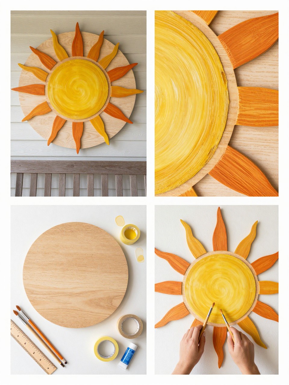 A realistic editorial 2x2 collage grid showing a DIY wooden sun and rays sign, top-left finished round wood sign with painted golden sun and orange rays displayed above a porch bench, top-right close-up of warm sun ray brush texture and natural wood grain, bottom-left flat lay of round wood blank, yellow, orange, cream, and gold paint, brushes, pencil, ruler, painter’s tape, and sealer, bottom-right cropped hands painting sun rays outward from the center, warm summer home craft styling, no faces, no text, no watermark on images.