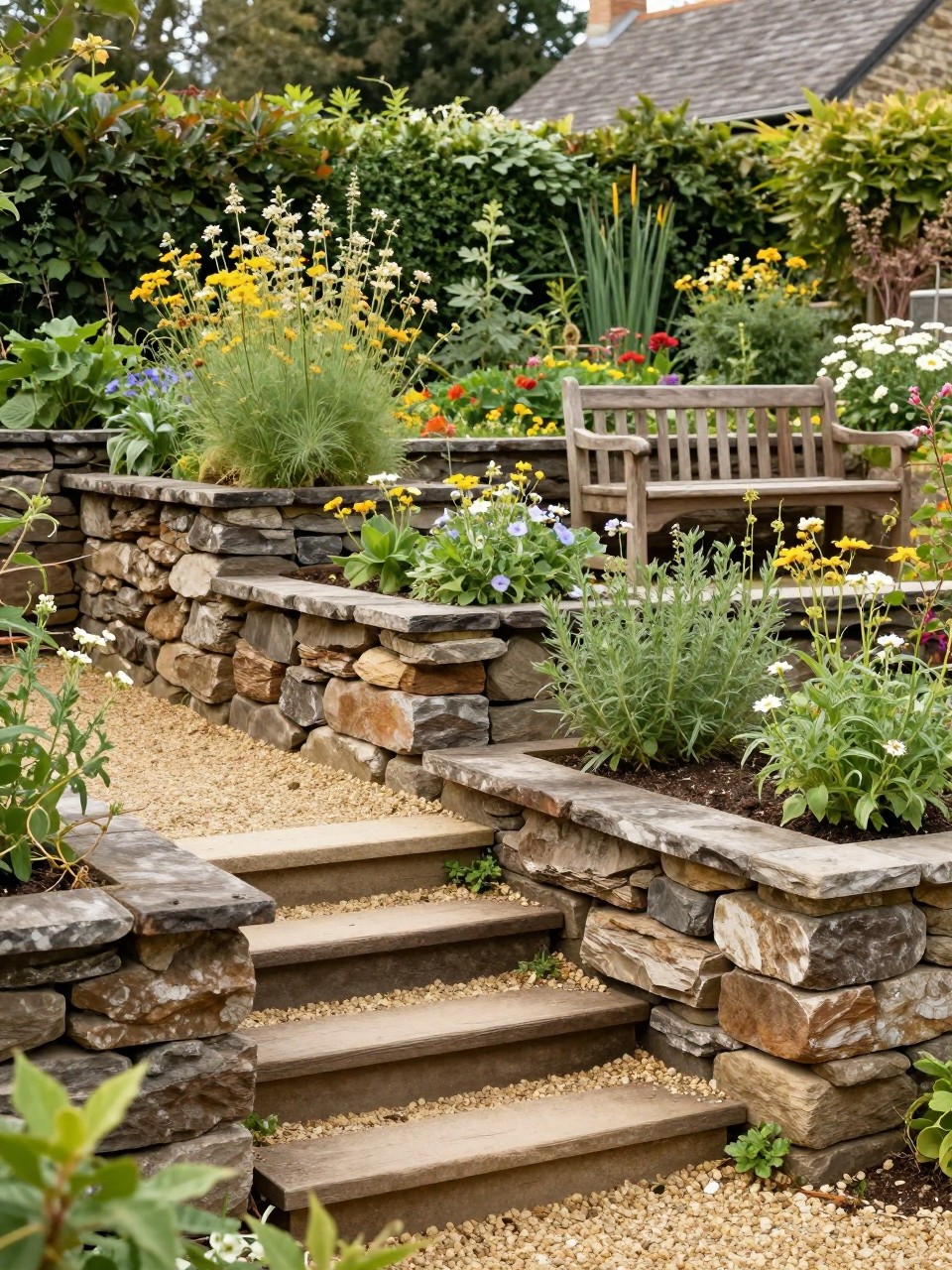 Image Prompt: A rustic two level garden with railway sleeper retaining walls, gravel steps, raised planting beds, wildflowers, herbs, wooden bench, relaxed country home garden style, warm natural textures, realistic DSLR photo quality, no people, no watermarks on images.