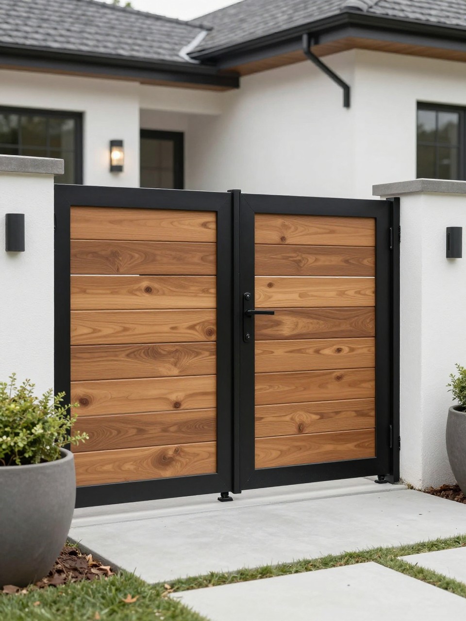 Image Prompt: A contemporary backyard gate combining warm wood panels with black metal frame, sleek fence line, concrete stepping path, architectural planting, large planters, clean modern home exterior, premium outdoor design, realistic DSLR photo quality, no people, no watermarks on images.