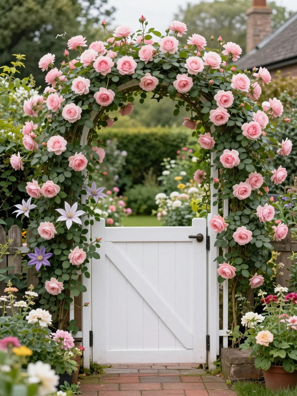 Image Prompt: A beautiful cottage backyard gate with a flower-covered arch, soft pink roses, clematis, white wooden gate, brick path, lush flower borders, romantic backyard garden entrance, realistic DSLR photo quality, no people, no watermarks on images.