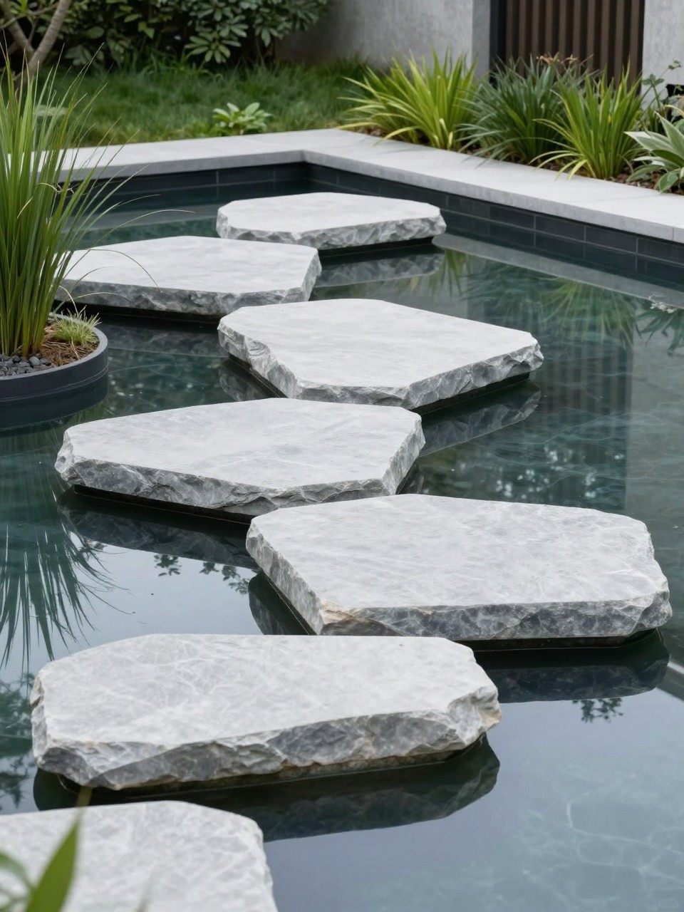 Image Prompt: A modern minimalist garden pond with large flat stepping stones across the water, clean rectangular shape, smooth stone edges, simple green planting, architectural grasses, calm reflective surface, premium contemporary landscape design, realistic DSLR photo quality, no people, no watermarks on images.