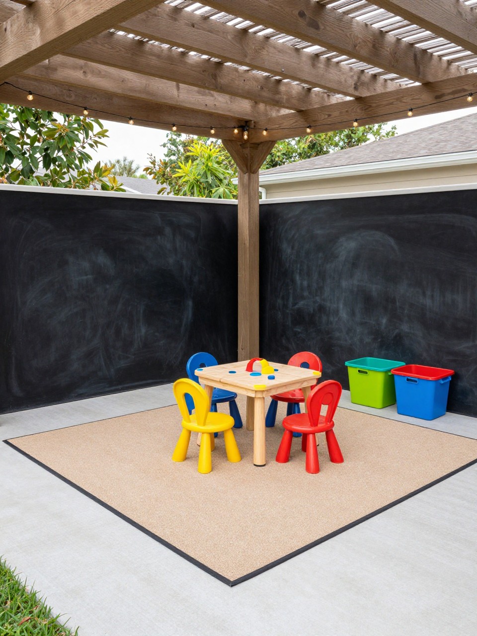 Image Prompt: A neat under deck patio designed as a kids’ outdoor play area, soft outdoor mat, small play table and chairs, toy storage bins, chalkboard wall, string lights under deck beams, tidy shaded backyard space, no children, no people, realistic DSLR photo, no text, no watermarks on images.