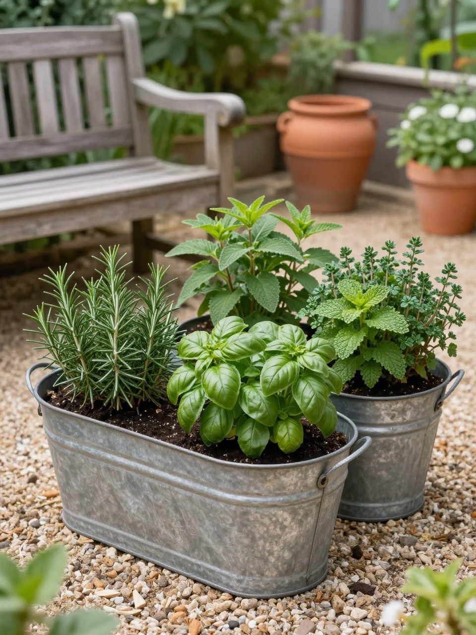 Image Prompt: A rustic patio herb garden using galvanized metal tubs filled with rosemary, basil, sage, mint, parsley, and thyme, wooden bench nearby, gravel patio floor, clay pots, soft afternoon light, farmhouse garden style, realistic DSLR image, no people, no text, no watermarks on images.