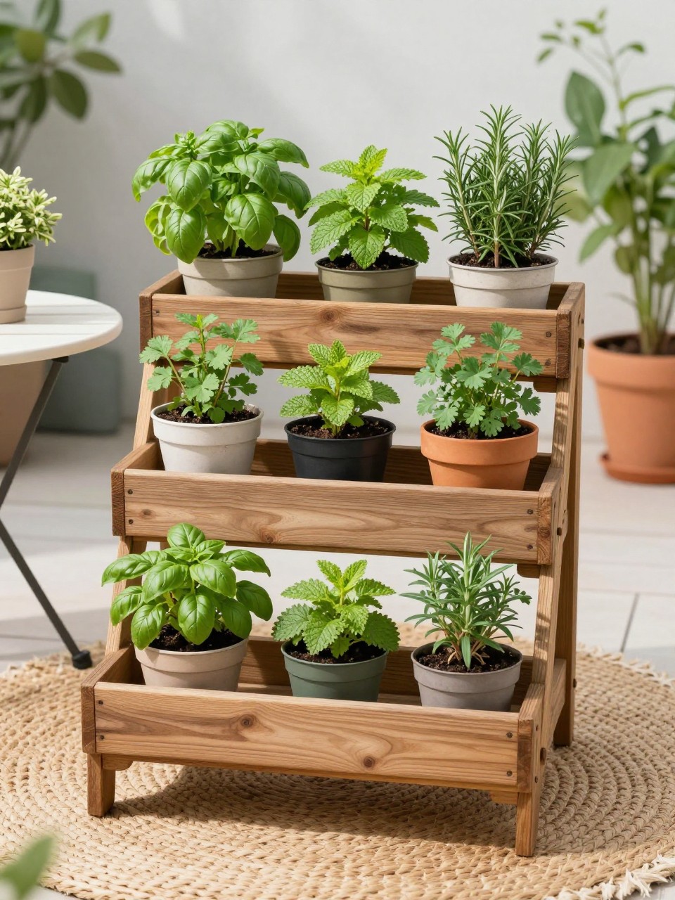 Image Prompt: A compact patio herb garden on a three-tier wooden planter stand, small pots of basil, mint, cilantro, rosemary, and chives arranged neatly, woven outdoor rug, small bistro table nearby, bright morning light, charming small-space patio garden design, realistic DSLR image, no people, no text, no watermarks on images.