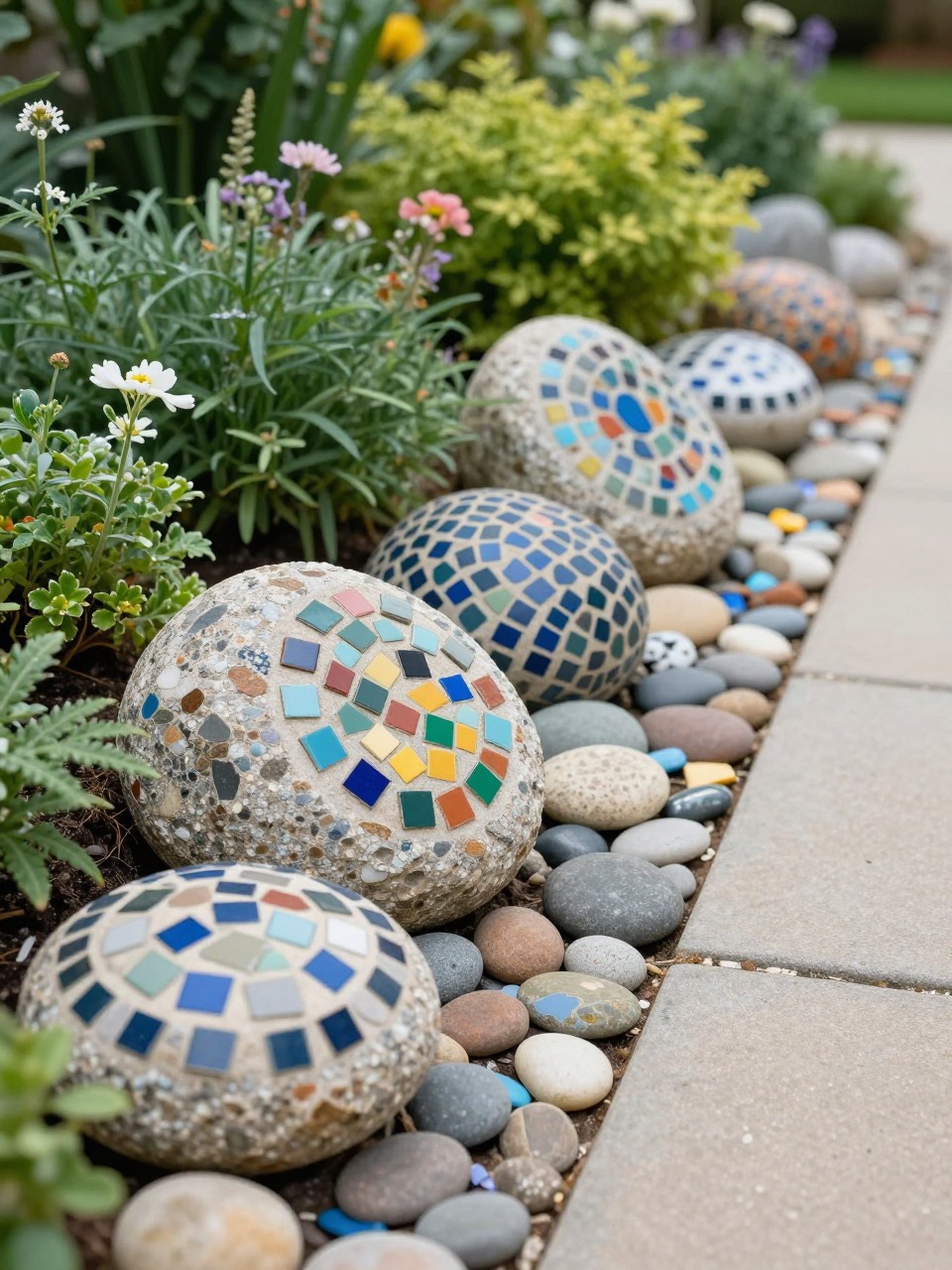 Image Prompt: A stunning garden border made with mosaic-decorated rocks, small colorful tile pieces on smooth stones, arranged along a flower bed, lush greenery, soft blooms, premium handmade garden art style, realistic DSLR photo quality, no people, no watermarks on images.
