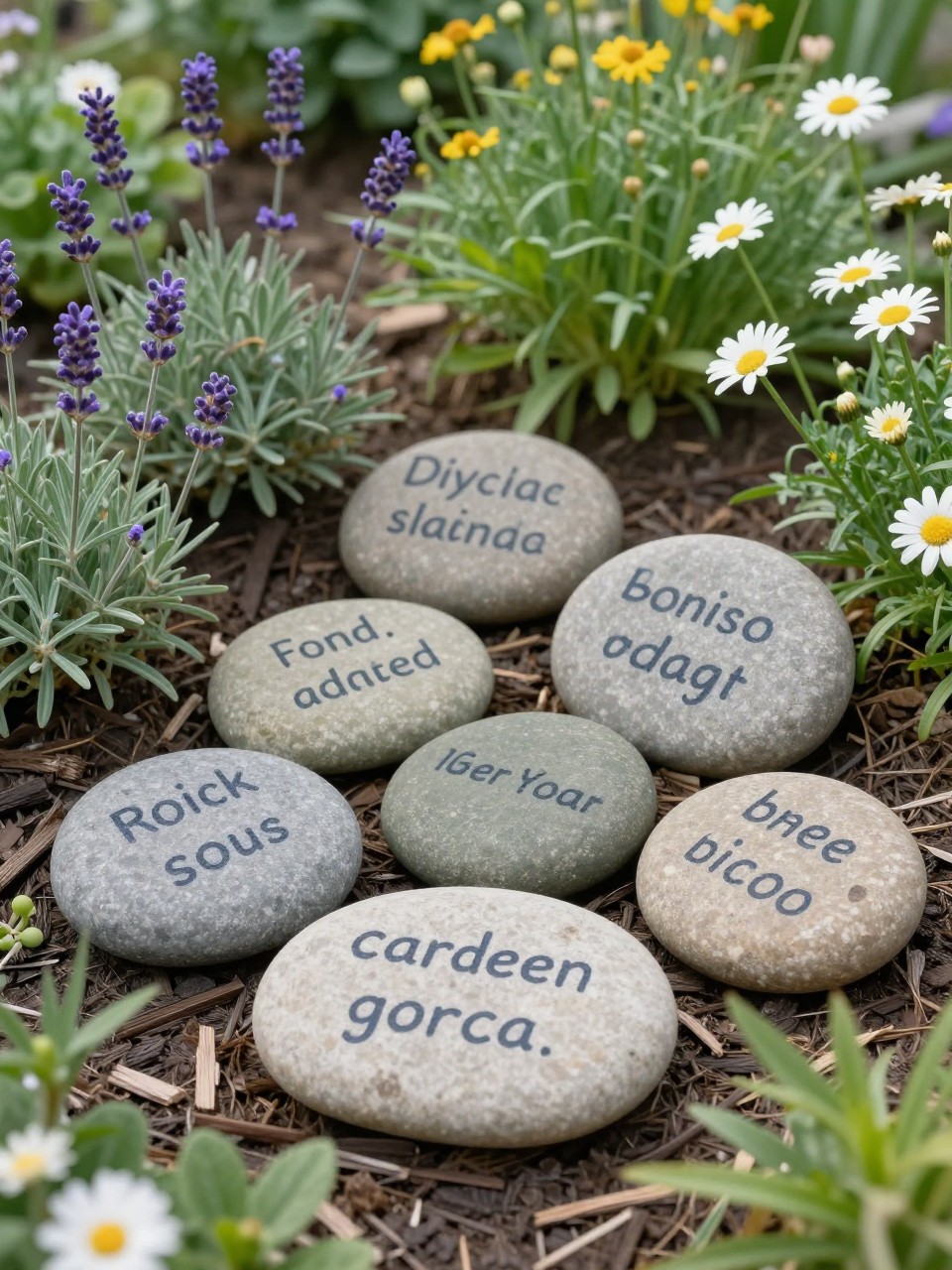 Image Prompt: A beautiful garden bed with smooth flat stones painted with short handwritten-style inspirational garden quotes, soft flowers, lavender, daisies, greenery, natural mulch, calm and uplifting outdoor decor, realistic DSLR photo quality, no people, no watermarks on images.