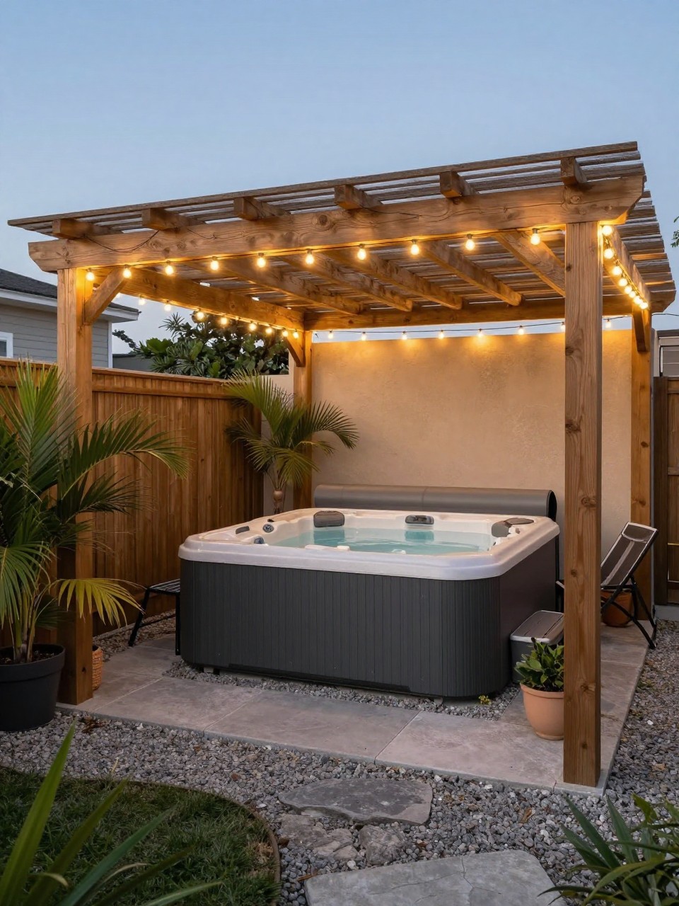 Image Prompt: A budget-friendly backyard hot tub patio under a simple wooden pergola, gravel base, string lights woven along the pergola beams, potted palms, two lounge chairs, warm evening atmosphere, no people, realistic editorial garden photo, no text, no watermarks on images.