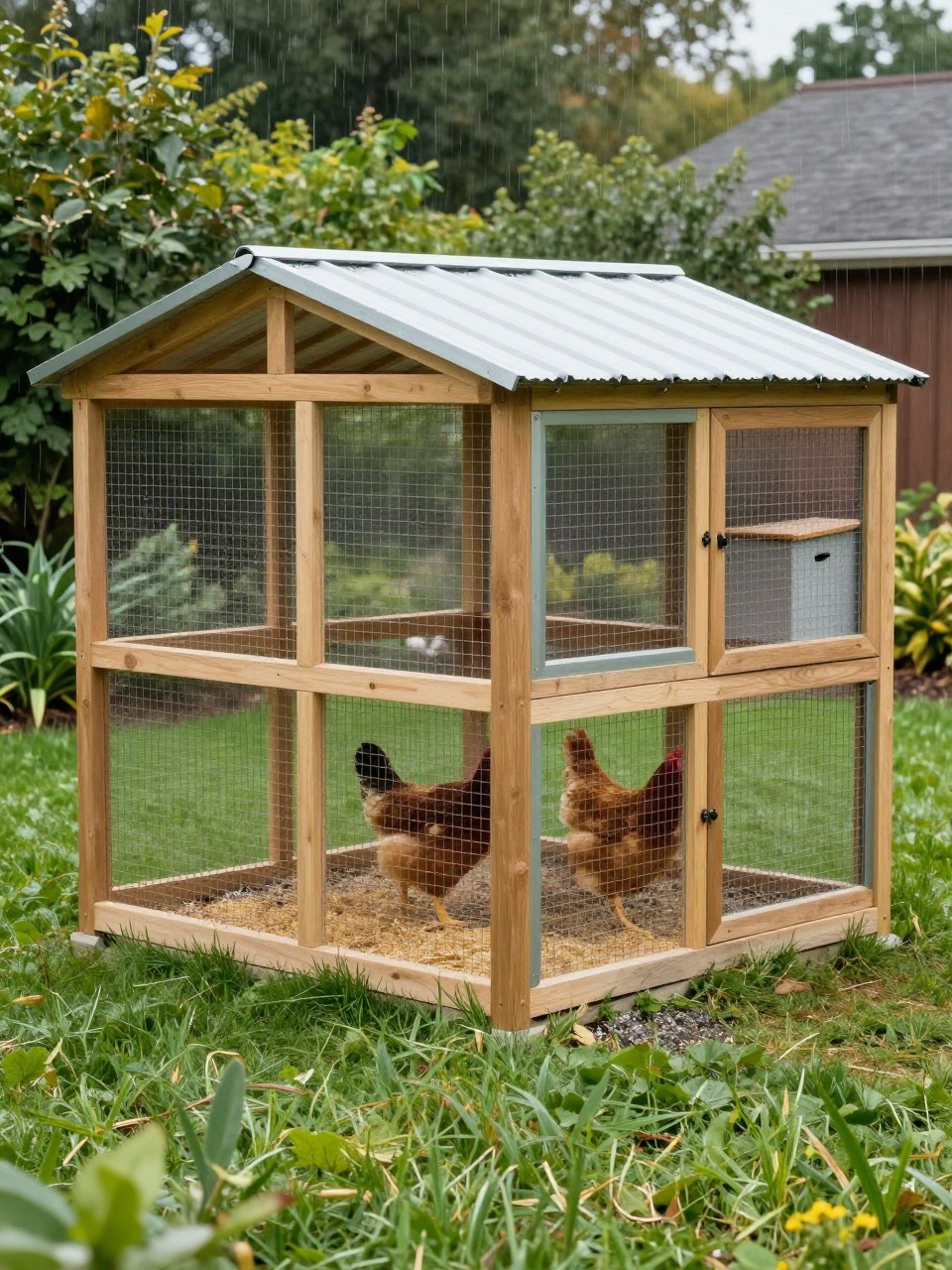 Image Prompt: A sturdy walk in chicken coop with a fully covered run, natural wood structure, tall wire walls, metal roof covering the entire run, enclosed sleeping area at the back, side nesting boxes, chickens inside on dry straw and gravel, rain-protected backyard setup, green lawn and garden shrubs around it, realistic practical homestead design, no people, no text, no watermark.