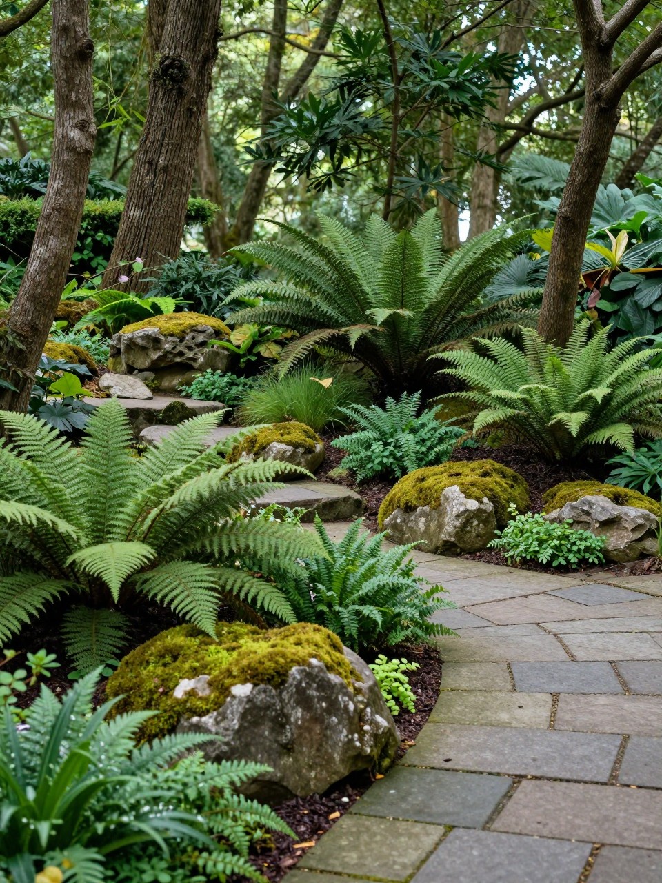 Image Prompt: A beautiful shady garden corner filled with layered ferns, mossy stones, soft woodland ground cover, tall trees overhead, dappled natural light, curved stepping stone path, calm and lush outdoor setting, premium woodland garden design, realistic DSLR photo quality, no people, no watermarks on images.