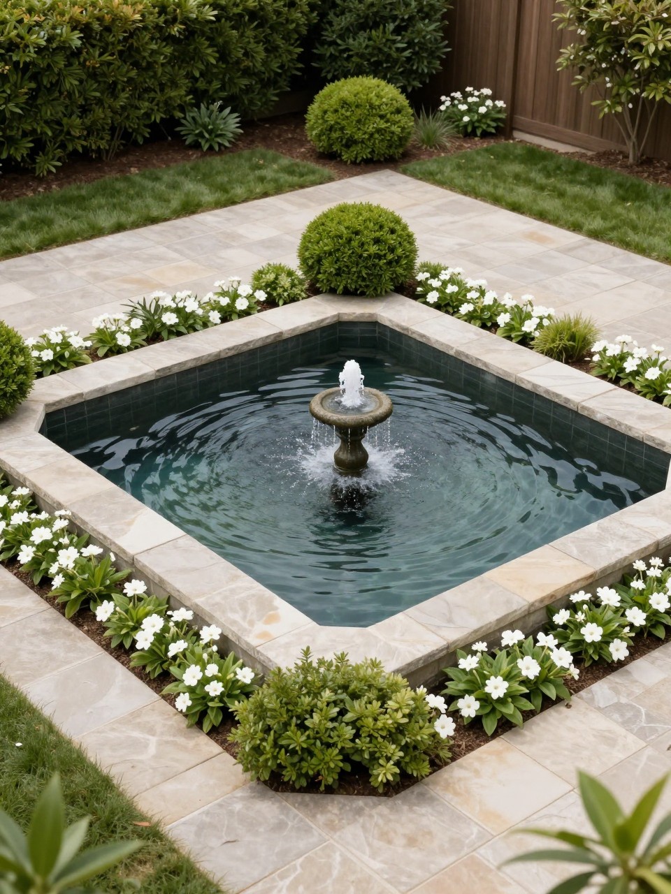 Image Prompt: An elegant DIY formal backyard pond with a clean square shape, small center fountain, stone edging, clipped shrubs, white flowers, neat paving, classic garden design, realistic DSLR photo quality, no people, no watermarks on images.