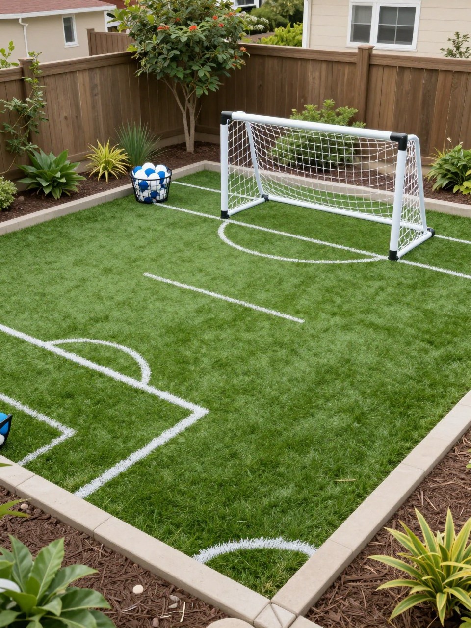 Image Prompt: A neat backyard mini soccer area with artificial turf, small soccer goal, simple boundary edging, storage basket for balls, garden beds around the edges, family-friendly outdoor sports zone, realistic DSLR photo quality, no people, no watermarks on images.
