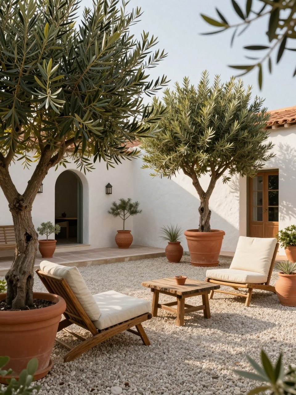 Image Prompt: A beautiful Mediterranean-inspired pea gravel patio with large potted olive trees, wooden lounge chairs with cream cushions, small rustic table, terracotta pots, white stucco wall, warm golden sunlight, calm elegant backyard setting, no people, realistic DSLR image, no text, no watermarks on images.