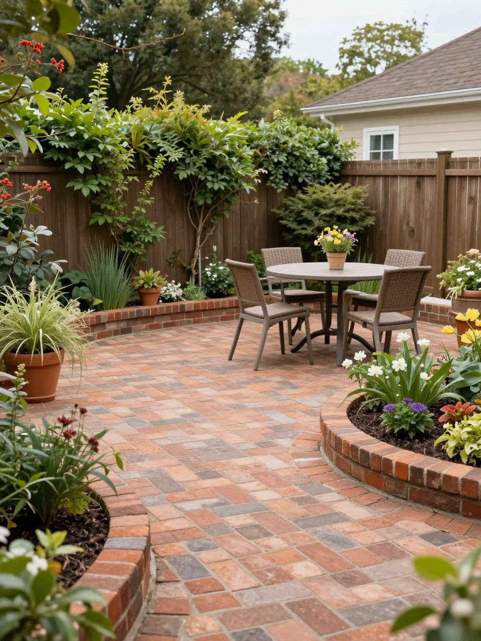 Image Prompt: A charming no grass backyard with a warm brick patio, curved flower beds, outdoor dining set, potted plants, climbing greenery on a fence, cozy traditional garden design, realistic DSLR photo quality, no people, no watermarks on images.
