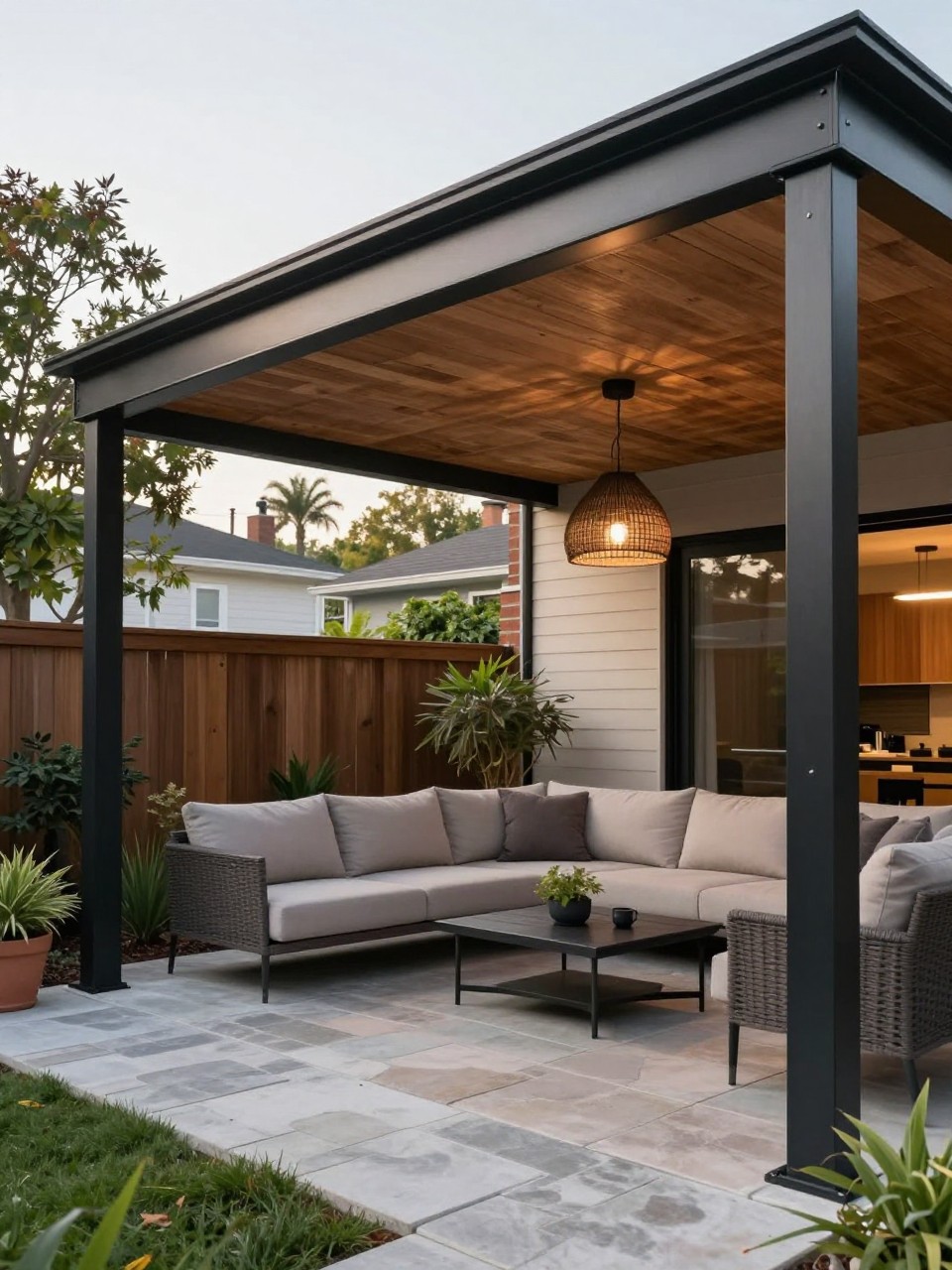 Image Prompt: A modern backyard patio with a roof extension made from black metal framing and warm wood ceiling panels, outdoor sectional sofa, stone paver floor, hanging pendant light, potted greenery, stylish balance of industrial and natural materials, no people, realistic DSLR image, no text, no watermarks on images.