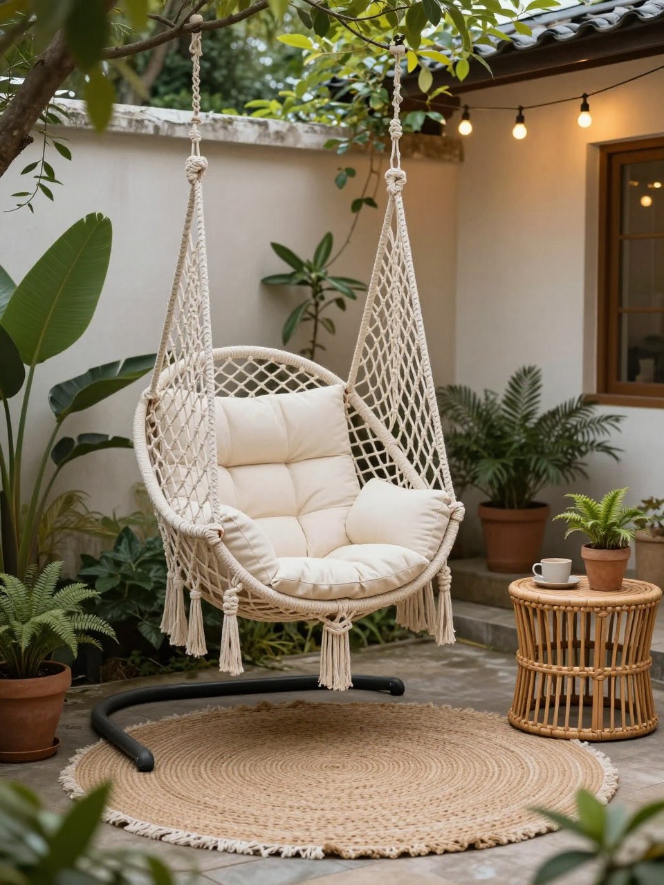 Image Prompt: A cozy boho backyard corner with a macrame hanging swing chair, cream cushion, woven outdoor rug, potted plants, rattan side table, warm string lights, relaxed garden patio styling, soft natural daylight, realistic DSLR photo quality, no people, no watermarks on images.
