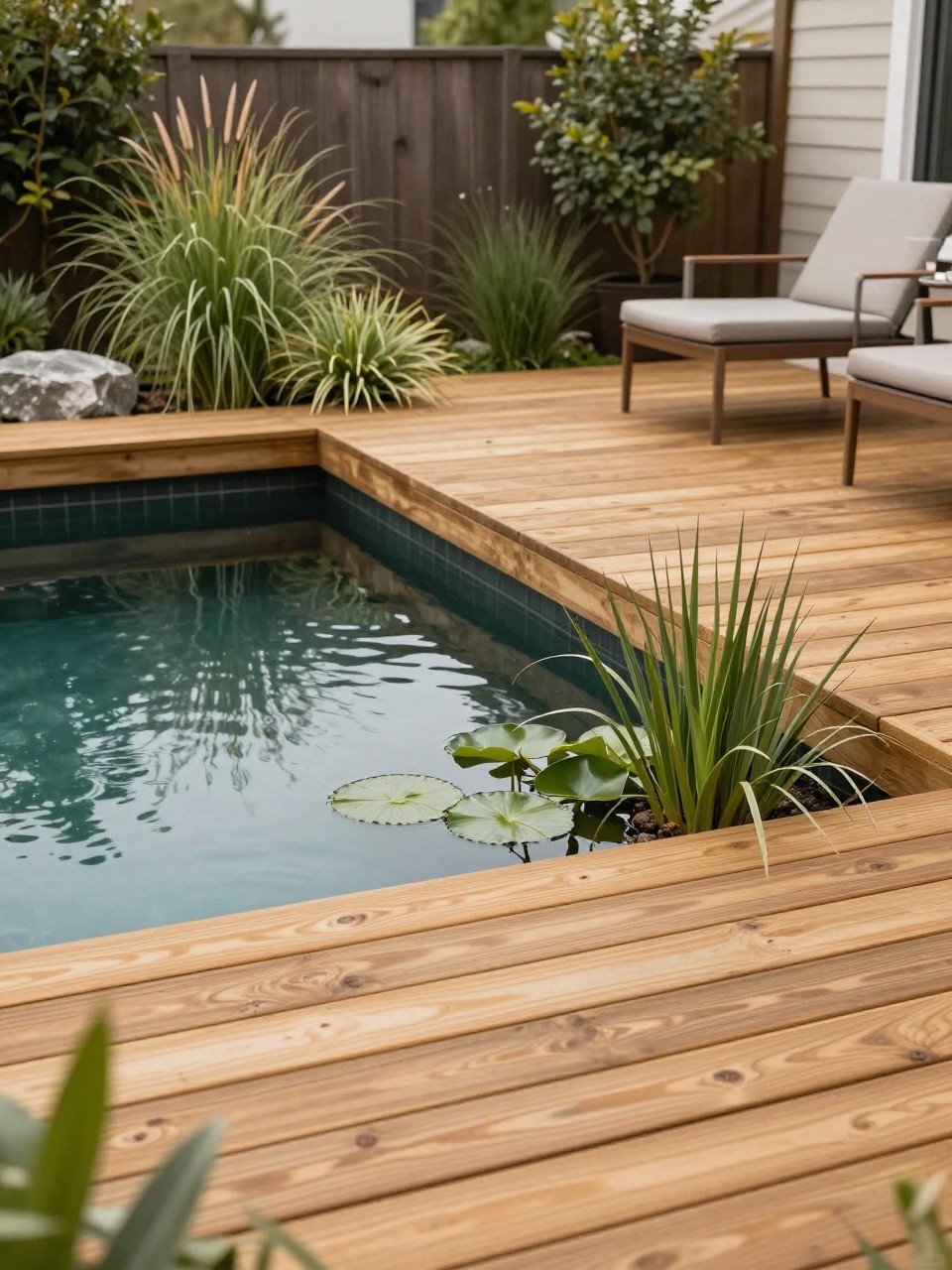 Image Prompt: A stylish DIY backyard pond with warm wooden decking extending slightly over one edge, calm water, water plants, ornamental grasses, modern outdoor chairs nearby, cozy backyard patio design, realistic DSLR photo quality, no people, no watermarks on images.