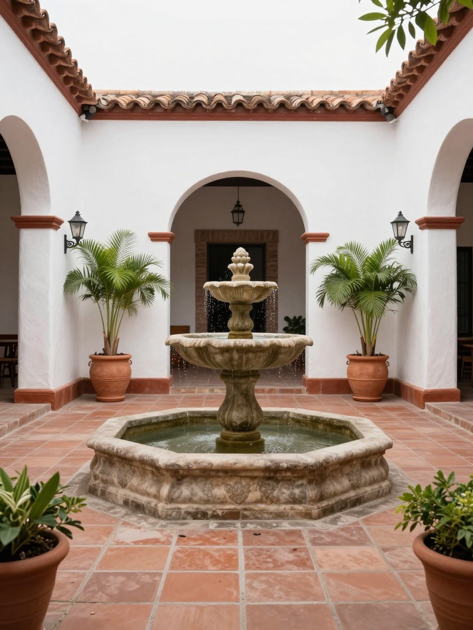 Image Prompt: A beautiful Mexican courtyard patio centered around a stone fountain, terracotta tile floor, white stucco walls, clay pots with lush greenery, arched doorways, wrought iron accents, peaceful and elegant atmosphere, soft daylight, no people, realistic DSLR image, no text, (no watermarks on images)