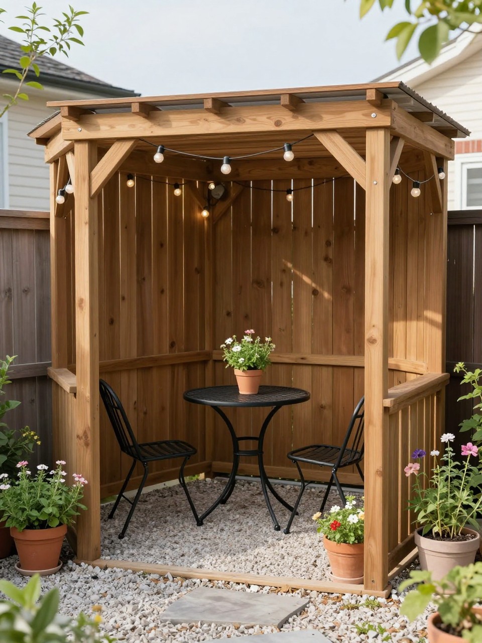 Image Prompt: A charming small backyard corner pergola with a compact wood structure, black metal bistro table and two chairs, gravel patio floor, potted herbs and flowers, string lights, cozy and compact outdoor nook, bright morning light, no people, realistic DSLR photo, no text, no watermarks on images.