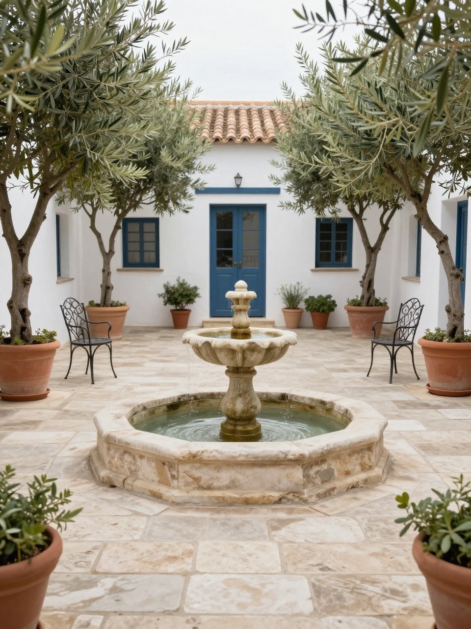 Image Prompt: A beautiful Mediterranean courtyard patio with a small stone fountain in the center, pale stone pavers, white stucco walls, potted olive trees, wrought iron chairs, terracotta planters, soft daylight, peaceful old-world garden atmosphere, no people, realistic DSLR image, no text, no watermarks on images.