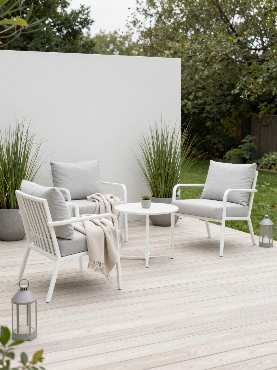 Image Prompt: A clean Scandinavian-inspired European patio with pale wood deck flooring, simple white outdoor chairs, light gray cushions, soft neutral throw blanket, potted grasses, small round table, minimal lanterns, calm and airy backyard setting, no people, realistic DSLR photo, no text, no watermarks on images.