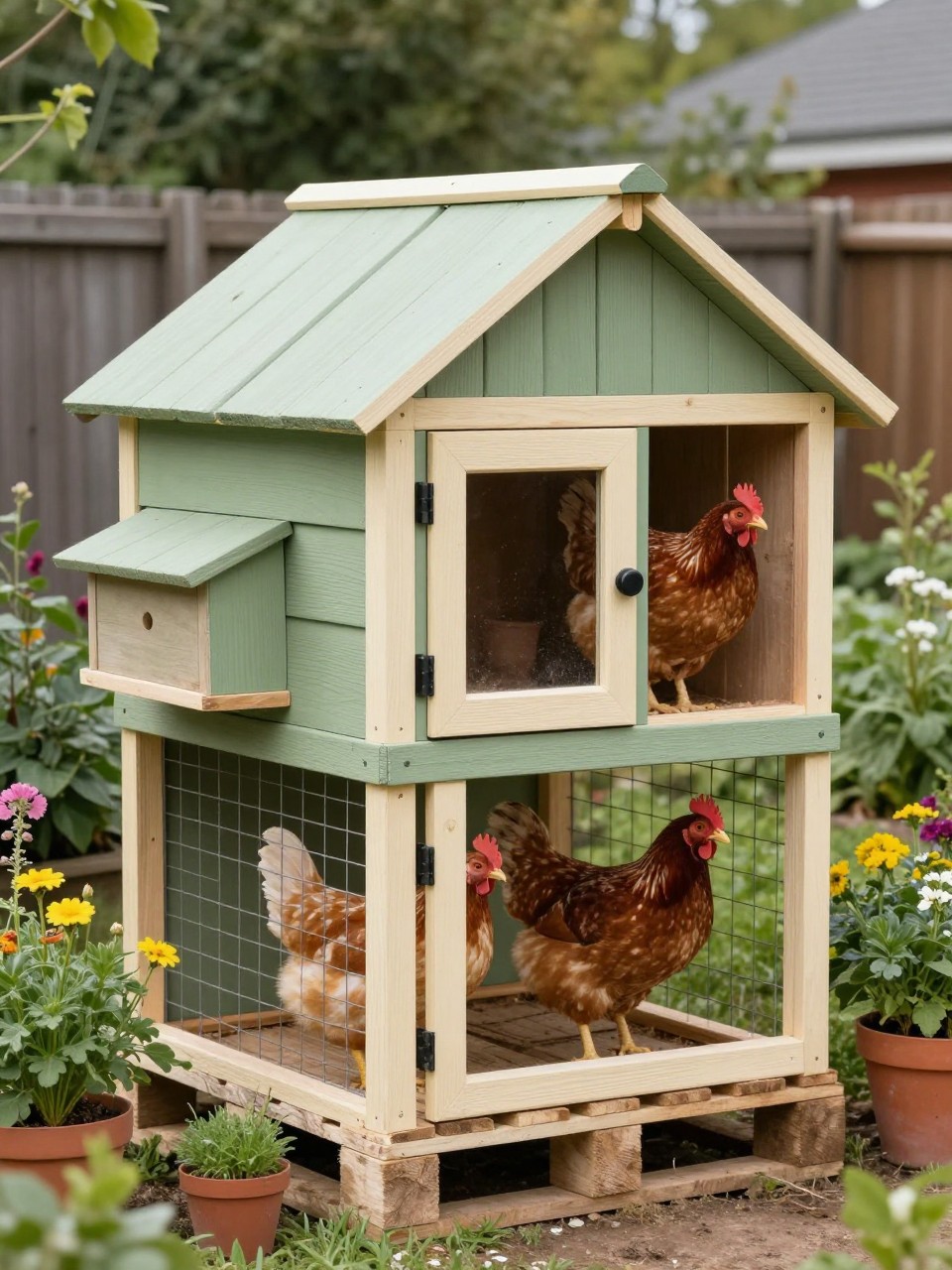 Image Prompt: A cheerful painted pallet chicken coop in a small backyard, reclaimed pallet wood painted soft sage green with cream trim, sloped roof, small chicken door, attached wire run, side nesting box, chickens inside, flowers and potted herbs around the base, bright natural daylight, charming DIY garden coop style, no people, no text, no watermark.