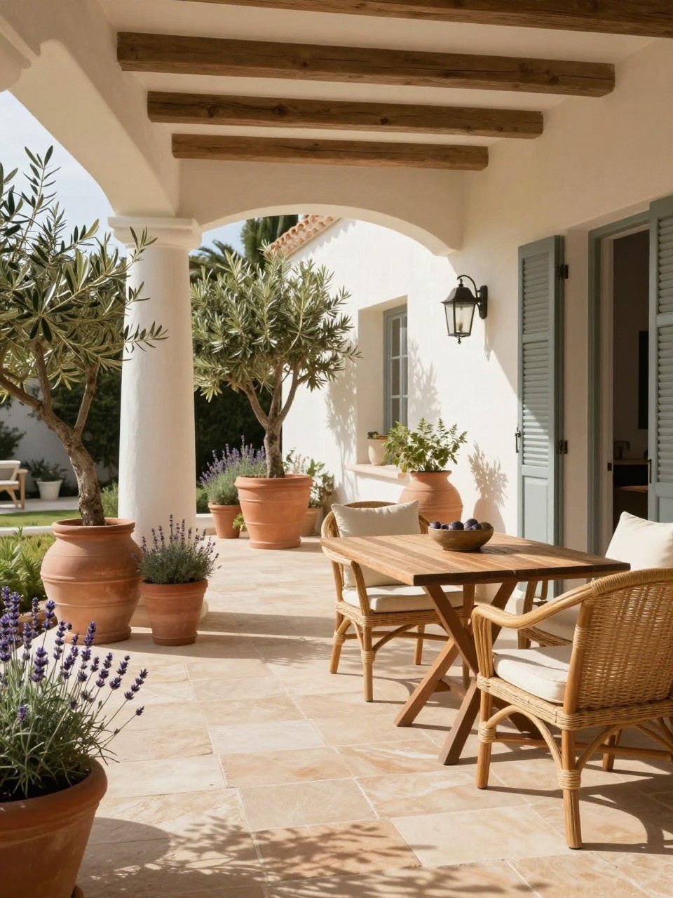 Image Prompt: A stunning Mediterranean-inspired back porch patio with terracotta pots, olive trees, lavender, warm stone flooring, wooden outdoor table, woven chairs, cream cushions, sunlit neutral home exterior, elegant relaxed outdoor styling, realistic DSLR photo quality, no people, no watermarks on images.