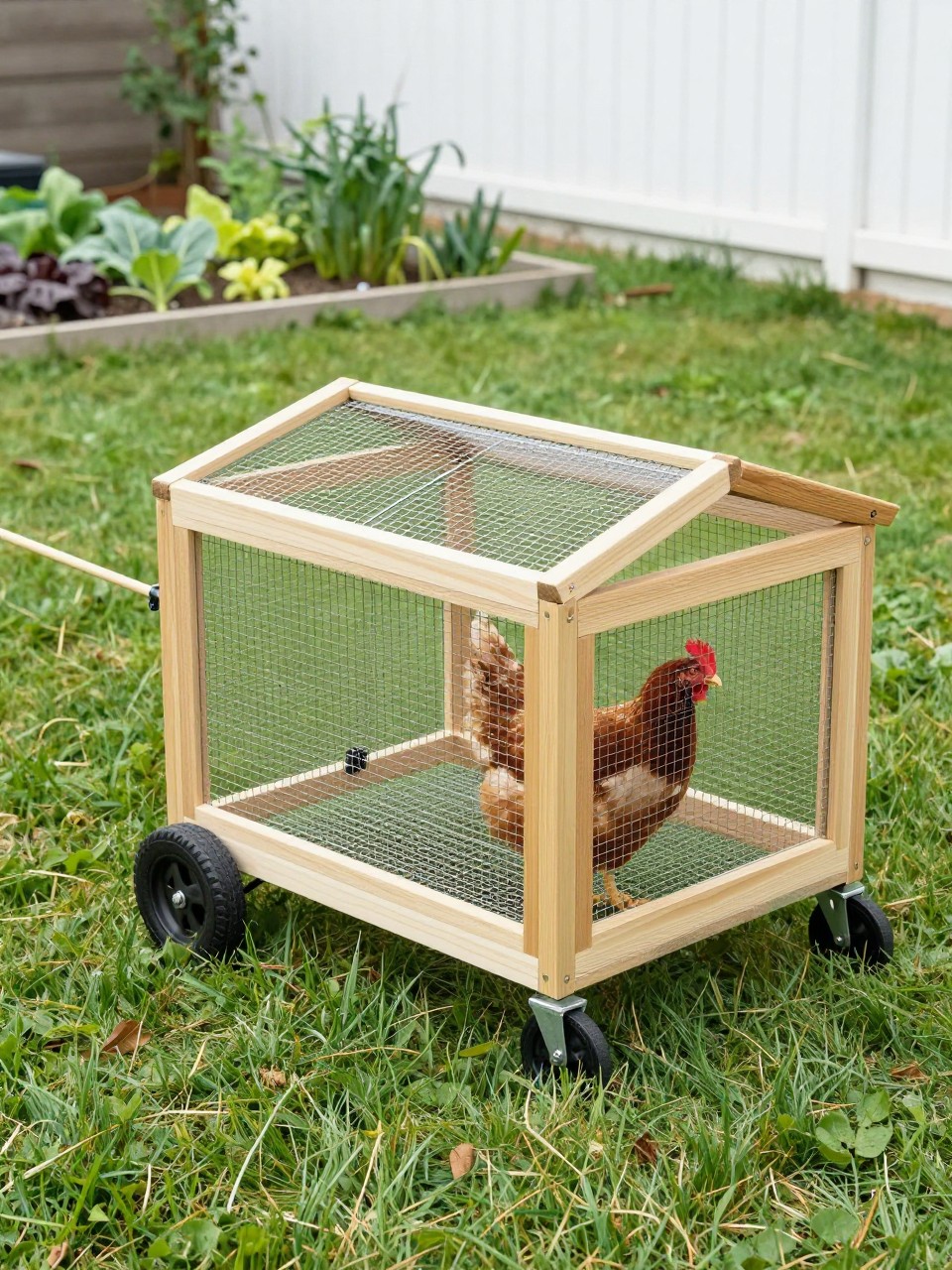Image Prompt: A small mobile chicken tractor coop on a fresh backyard lawn, lightweight wooden frame with two black wheels, covered nesting area on one side, long wire run attached, handle at the front for easy movement, chickens inside on green grass, clean practical DIY build, small vegetable garden and white fence in the background, bright daytime lighting, no people, no text, no watermark.