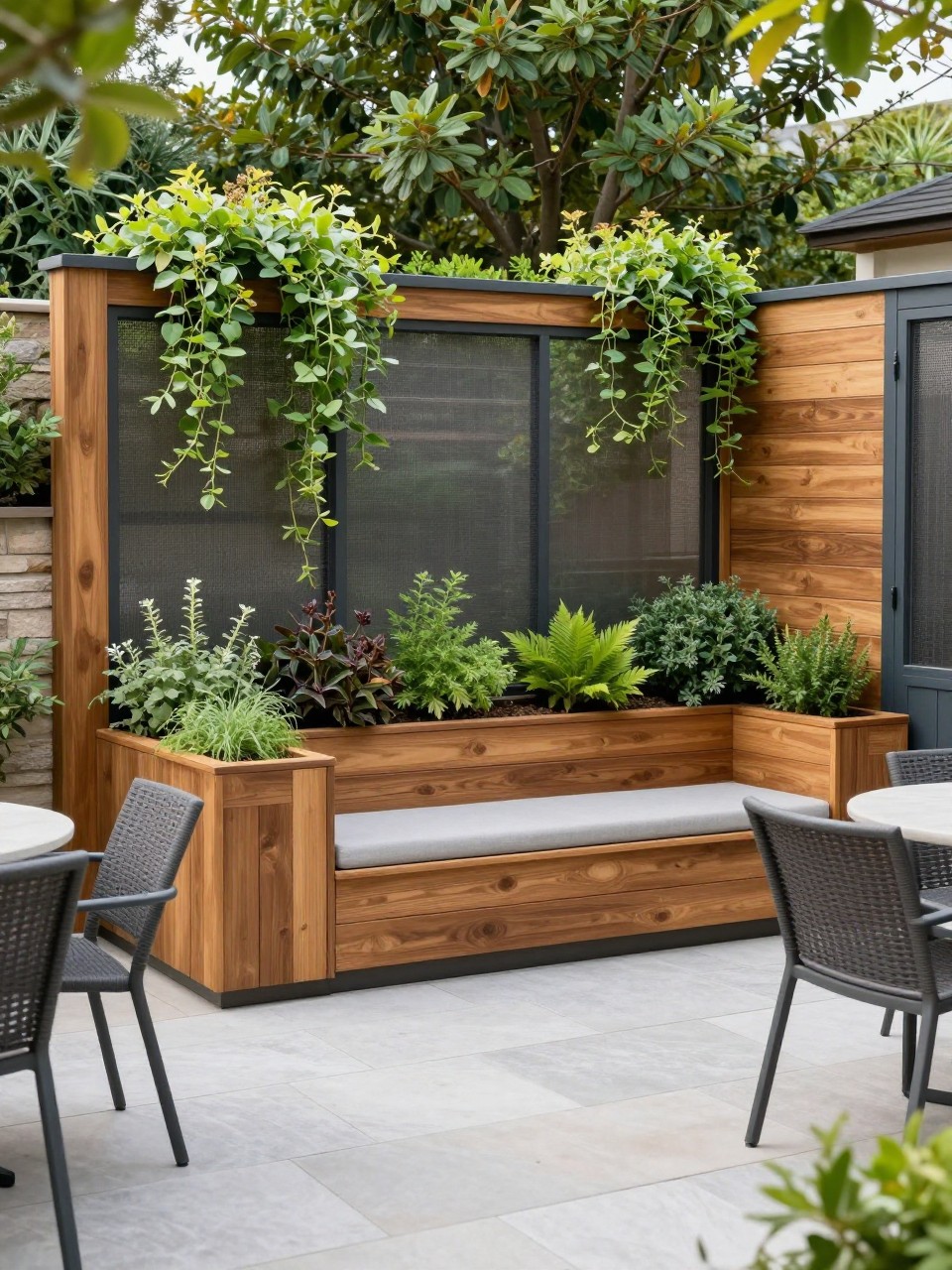 Image Prompt: A premium garden patio with a mixed screen wall and built-in planters, warm wood panels, lush trailing plants, herbs, small shrubs, modern outdoor chairs, clean stone flooring, stylish and space-saving garden design, realistic DSLR photo quality, no people, no watermarks on images.