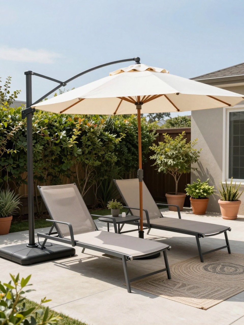 Image Prompt: A practical backyard patio with a tilting patio umbrella angled over two lounge chairs, small side table, outdoor rug, potted plants, concrete patio floor, relaxed sunny afternoon setting, no people, realistic DSLR photo, no text, no watermarks on images.