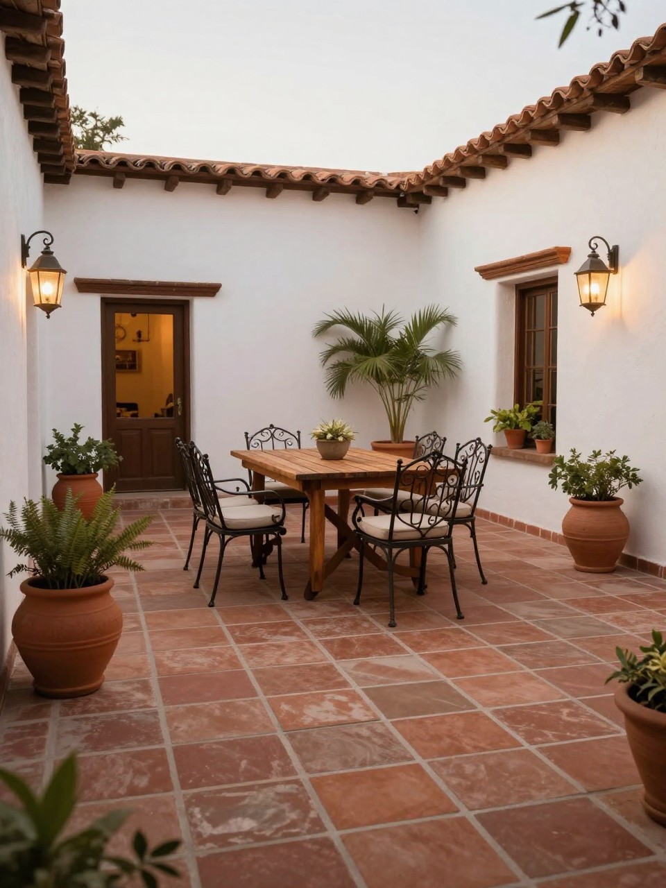 Image Prompt: A stunning Mexican-style backyard patio with traditional Saltillo tile flooring in warm terracotta tones, white stucco walls, wooden outdoor dining table, wrought iron chairs with neutral cushions, large clay pots filled with leafy plants, rustic lanterns, soft golden evening light, cozy courtyard atmosphere, no people, realistic DSLR photo, editorial home and garden style, high detail, no text, (no watermarks on images)