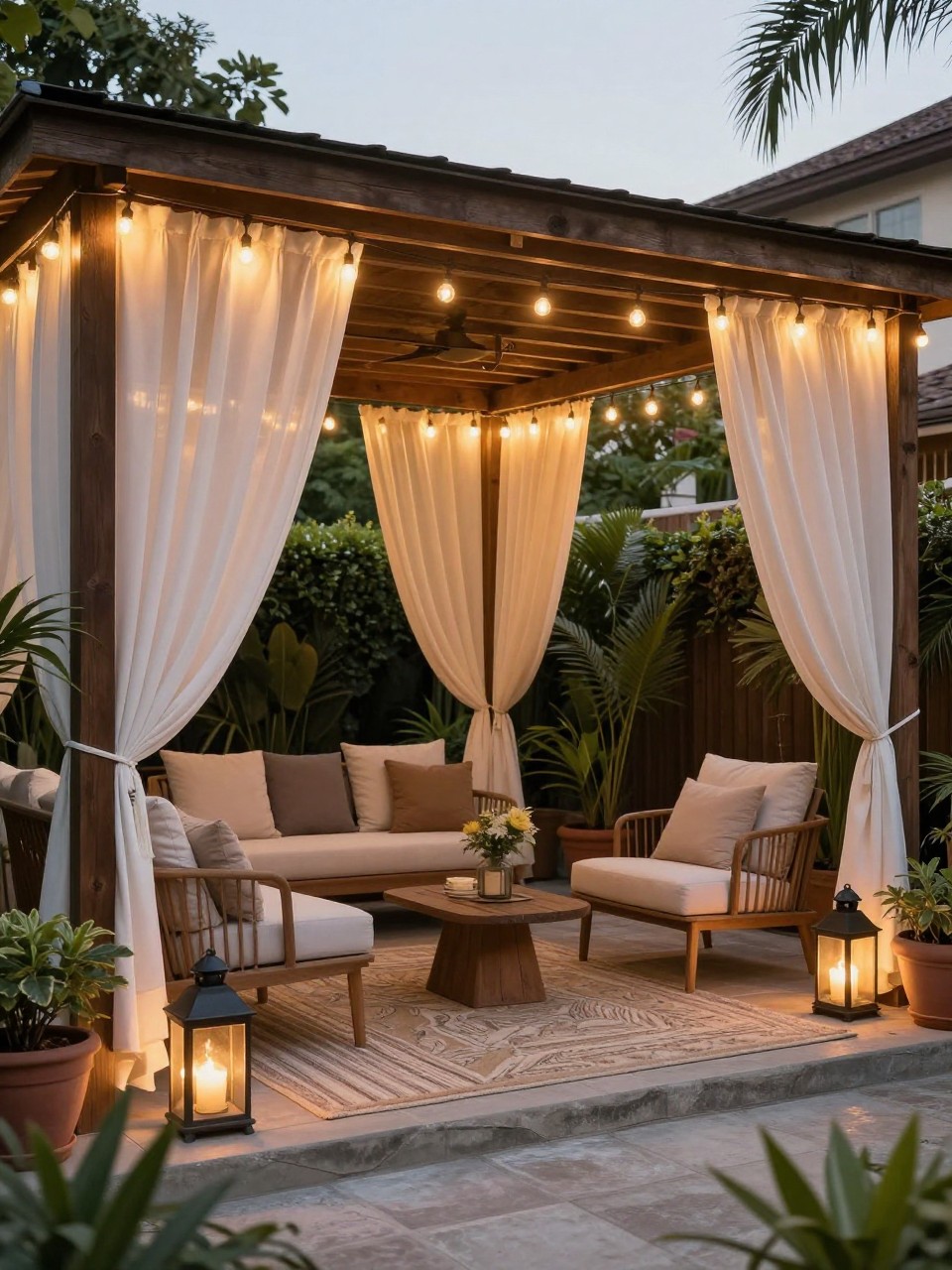 Image Prompt: A beautiful covered backyard patio with flowing outdoor curtains and warm string lights, soft lounge chairs, textured rug, potted plants, lanterns, private resort-inspired outdoor room, realistic DSLR photo quality, no people, no watermarks on images.