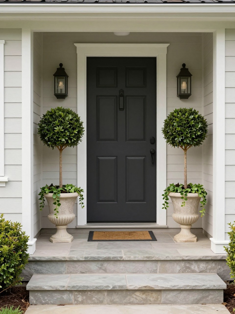 Image Prompt: A small front entrance with two large matching statement garden pots beside the door, clipped bay trees, trailing ivy, neutral home exterior, stone steps, clean and elegant front garden styling, premium curb appeal, realistic DSLR photo quality, no people, no watermarks on images.