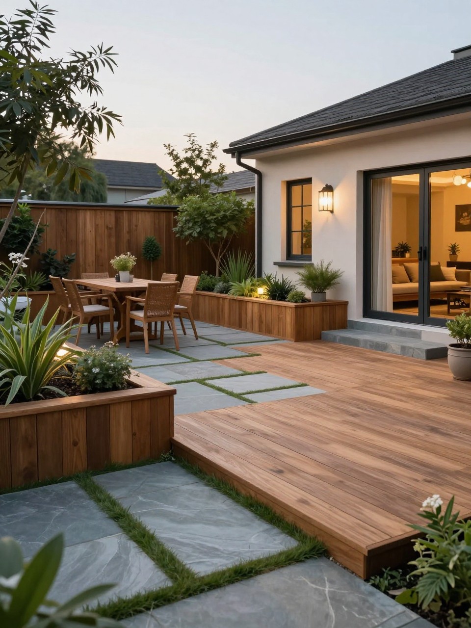 Image Prompt: A premium no grass backyard with mixed stone paving and warm wood decking, raised planters, outdoor dining area, cozy lounge corner, soft lighting, layered greenery, modern rustic home garden design, realistic DSLR photo quality, no people, no watermarks on images.