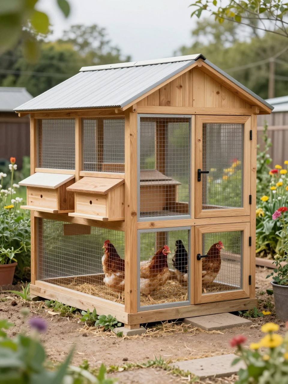 Image Prompt: A neat walk in chicken coop with external nesting boxes, natural wood siding, tall wire run, pitched roof, row of side nesting boxes with hinged lids, full-size access door, chickens inside on straw bedding, tidy garden path, herbs, and flowers around the coop, practical backyard chicken design, warm natural daylight, no people, no text, no watermark.