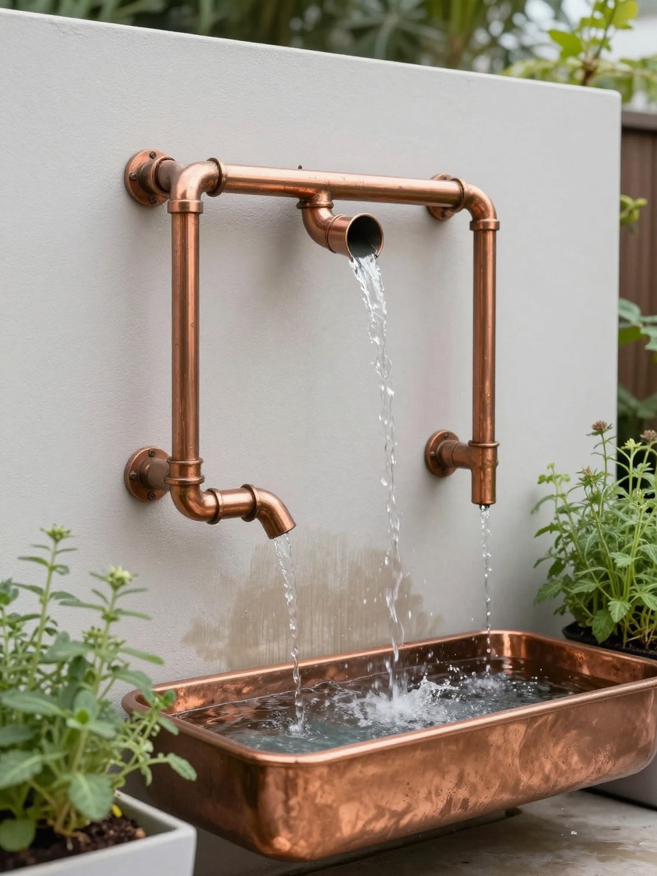 Image Prompt: A creative homemade wall-mounted copper pipe waterfall, water flowing from several slim copper pipes into a long trough planter basin, modern garden wall, herbs and greenery nearby, warm metallic detail, stylish DIY outdoor water feature, realistic DSLR photo quality, no people, no watermarks on images.