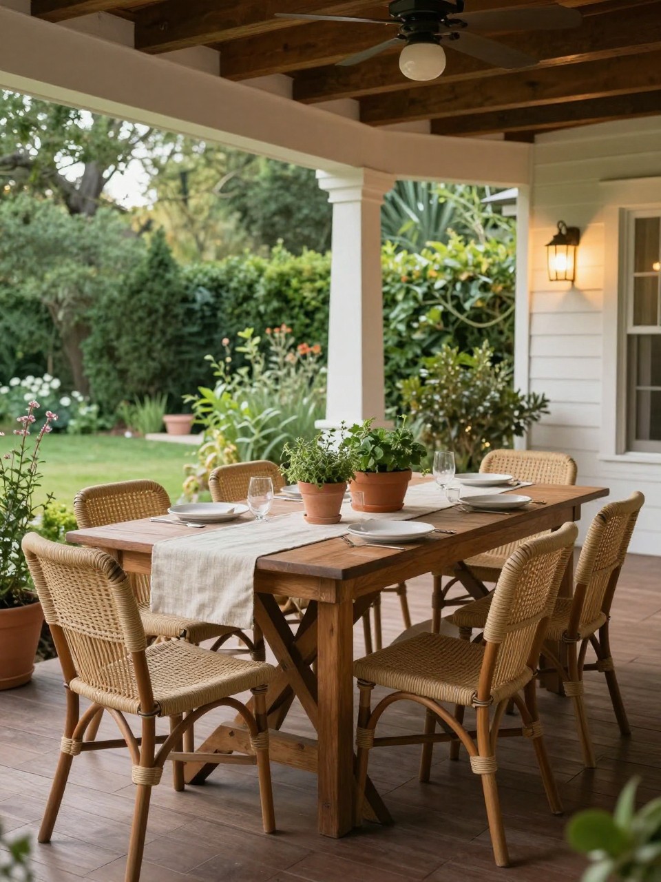 Image Prompt: A stylish back porch patio with a long wooden outdoor dining table, woven chairs, simple linen table runner, potted herbs, overhead warm lights, lush garden view in the background, elegant and welcoming outdoor dining setup, realistic DSLR photo quality, no people, no watermarks on images.