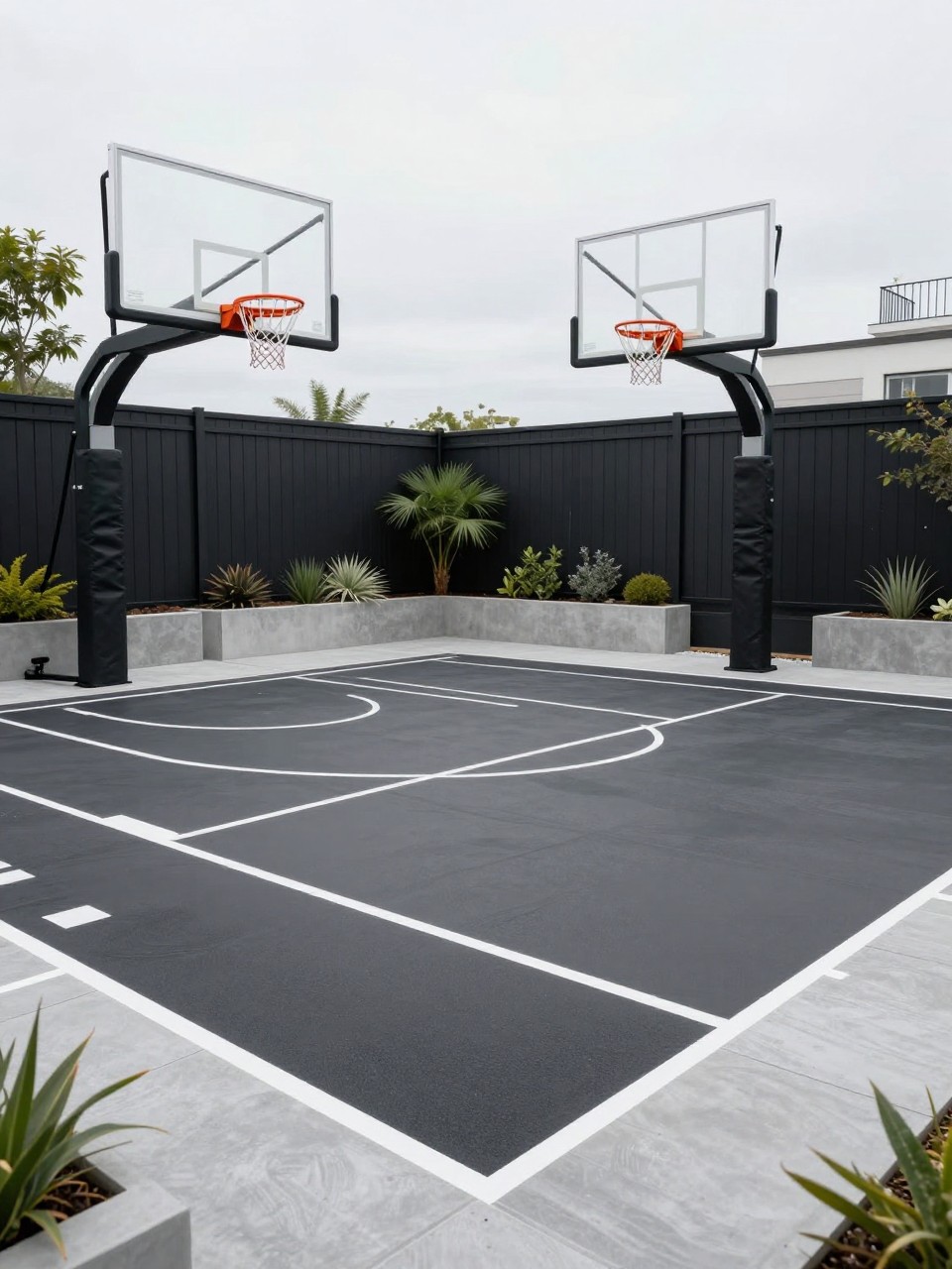 Image Prompt: A sleek backyard sport court with black and gray court surface, crisp white lines, modern basketball hoop, black fence, concrete planters, architectural plants, premium contemporary backyard style, realistic DSLR photo quality, no people, no watermarks on images.