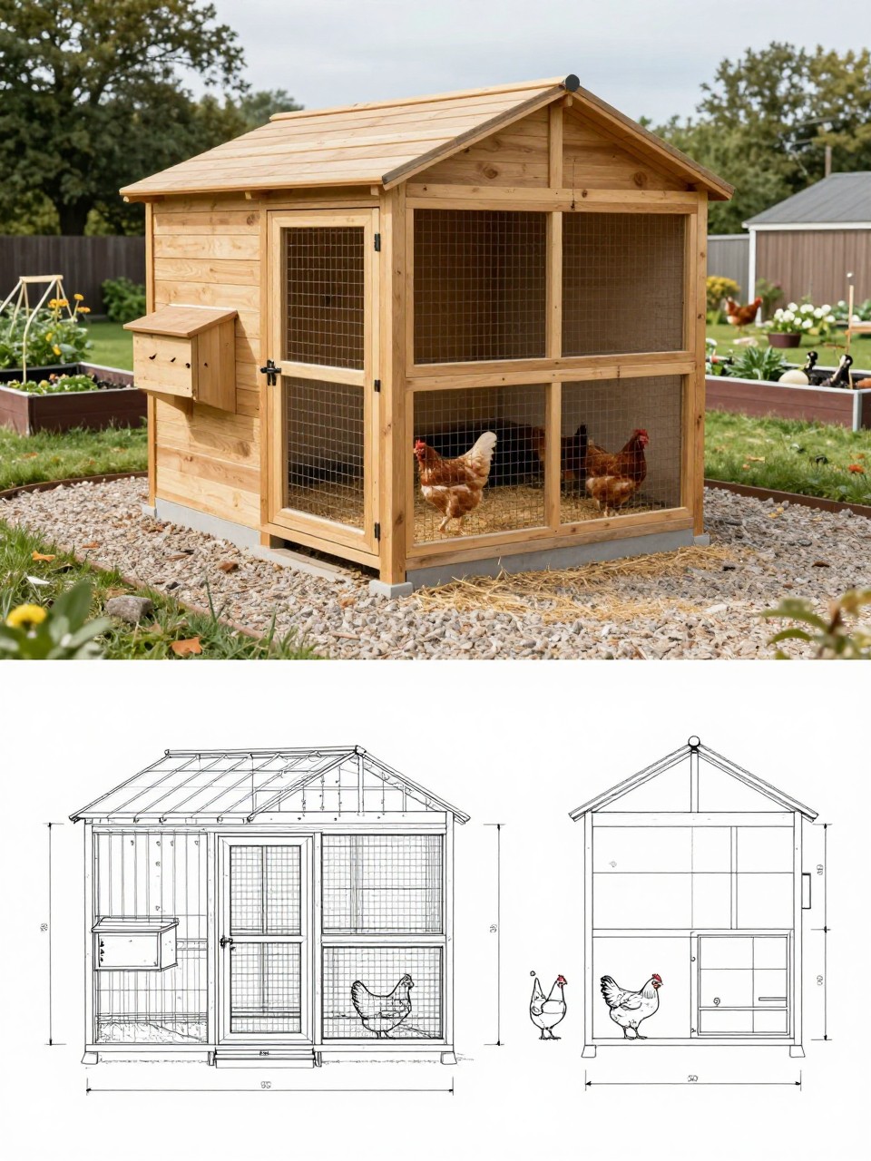 Image Prompt: A vertical 2-collage image for a blog post about large chicken coop plans. The top half shows a realistic finished large walk-in chicken coop with natural wood siding, a tall full-size entry door, pitched roof, secure wire run, exterior nesting boxes, wide gravel path, chickens inside on clean straw, and a spacious backyard homestead setting with raised garden beds nearby. The bottom half shows the matching coop plan in a clean blueprint-style layout with front view, side view, top view, roof framing, run layout, nesting box placement, roosting bar placement, dimensions, and simple construction sketch. The finished coop and plan should clearly match. Realistic, useful, editorial style, no people, no text, (no watermarks on images).