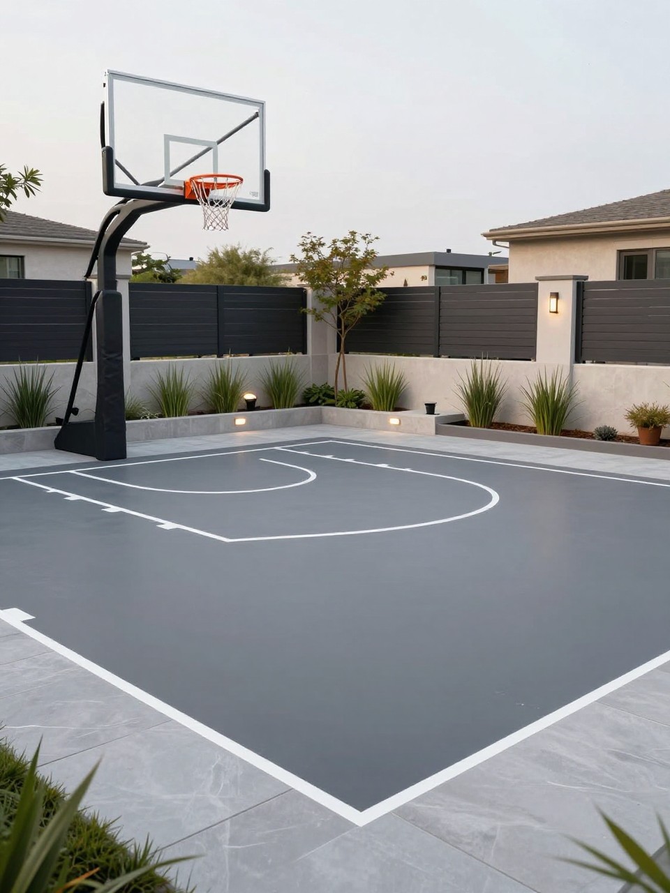 Image Prompt: A stylish backyard half basketball court with smooth dark gray court flooring, clean white court lines, black basketball hoop, modern fence backdrop, ornamental grasses along the edges, sleek outdoor lighting, premium family backyard design, realistic DSLR photo quality, no people, no watermarks on images.