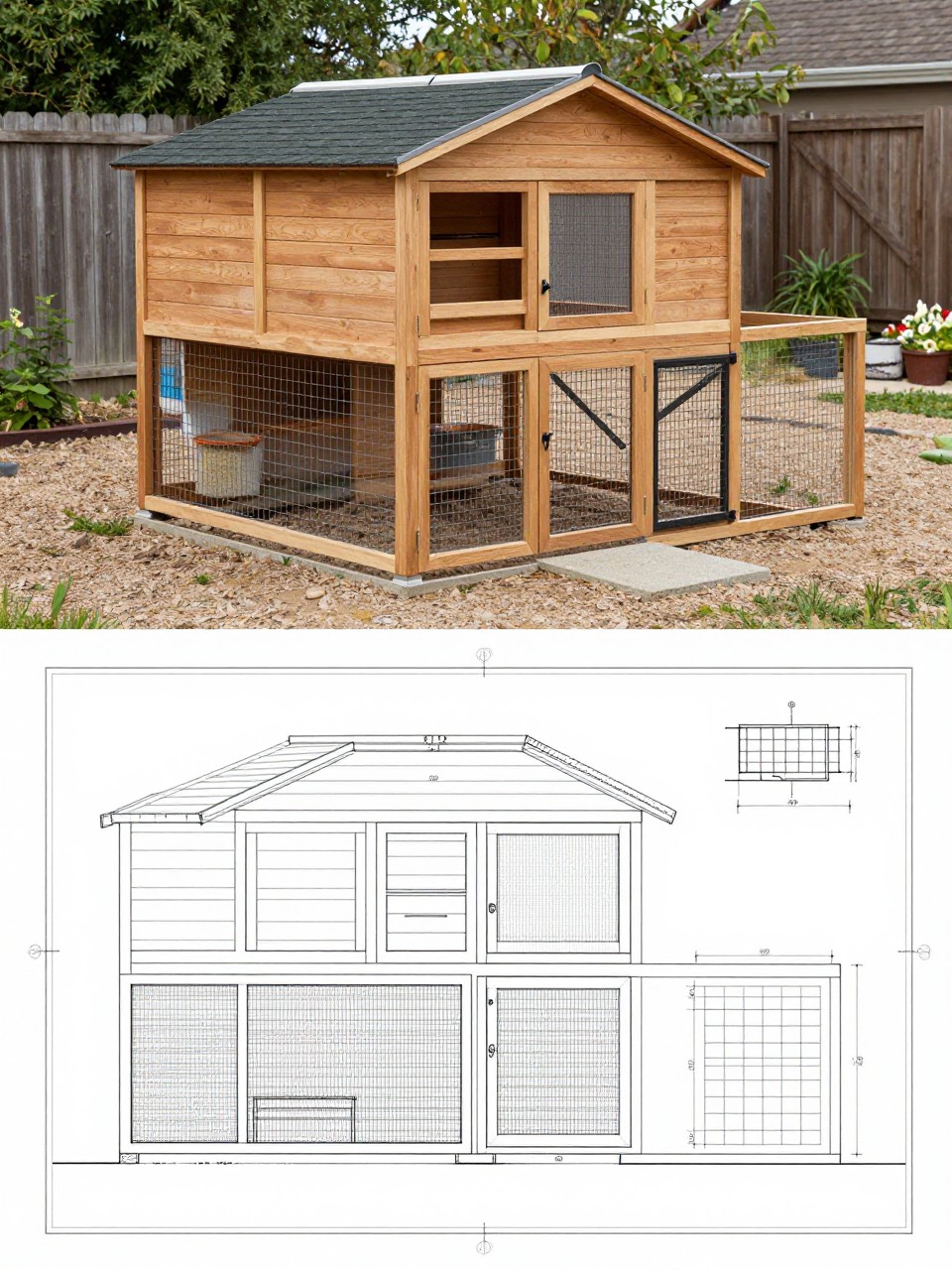 Image Prompt: A vertical 2-collage image. The top half shows a realistic chicken coop with a built-in side storage section for feed and tools, wooden siding, sloped roof, attached wire run, full access door, and a clean organized backyard setting. The bottom half shows the matching plan sheet with cabinet placement, coop section, run layout, and measured drawings in a neat blueprint style. The two parts should show the same design clearly. No people, no watermark.