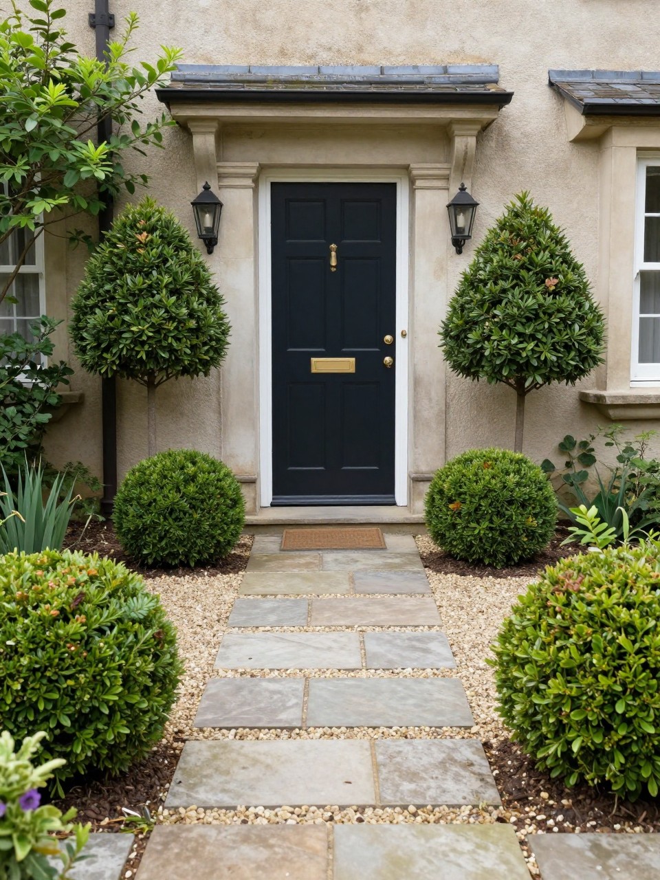 Image Prompt: A tiny front garden with small rounded topiary shrubs, symmetrical layout, gravel base, stone path, classic front door, elegant compact garden design, refined curb appeal, realistic DSLR photo quality, no people, no watermarks on images.