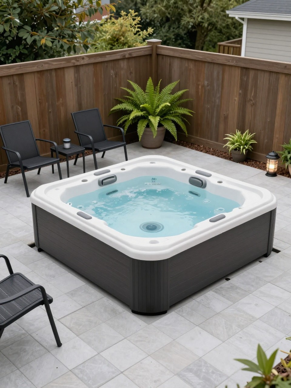 Image Prompt: A small backyard patio with a square hot tub set into a simple light gray paver area, black metal bistro chairs nearby, potted ferns, soft solar lanterns, compact and tidy budget outdoor design, no people, realistic DSLR image, no text, no watermarks on images.