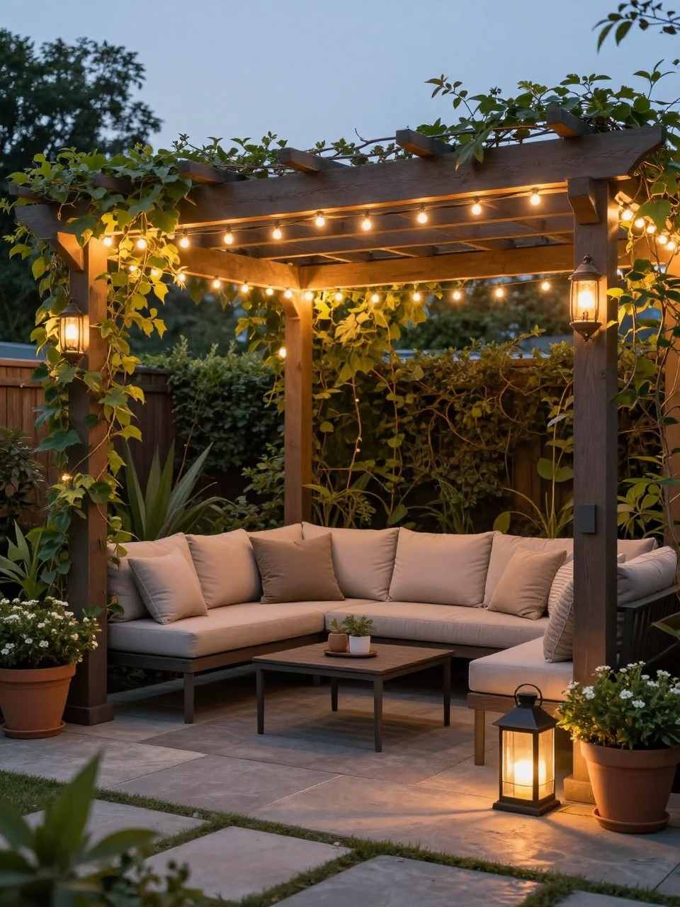 Image Prompt: A cozy backyard pergola wrapped with warm string lights, outdoor sofa with neutral cushions, climbing greenery, stone patio floor, potted plants, soft lanterns, premium outdoor lounge styling, warm evening glow, realistic DSLR photo quality, no people, no watermarks on images.