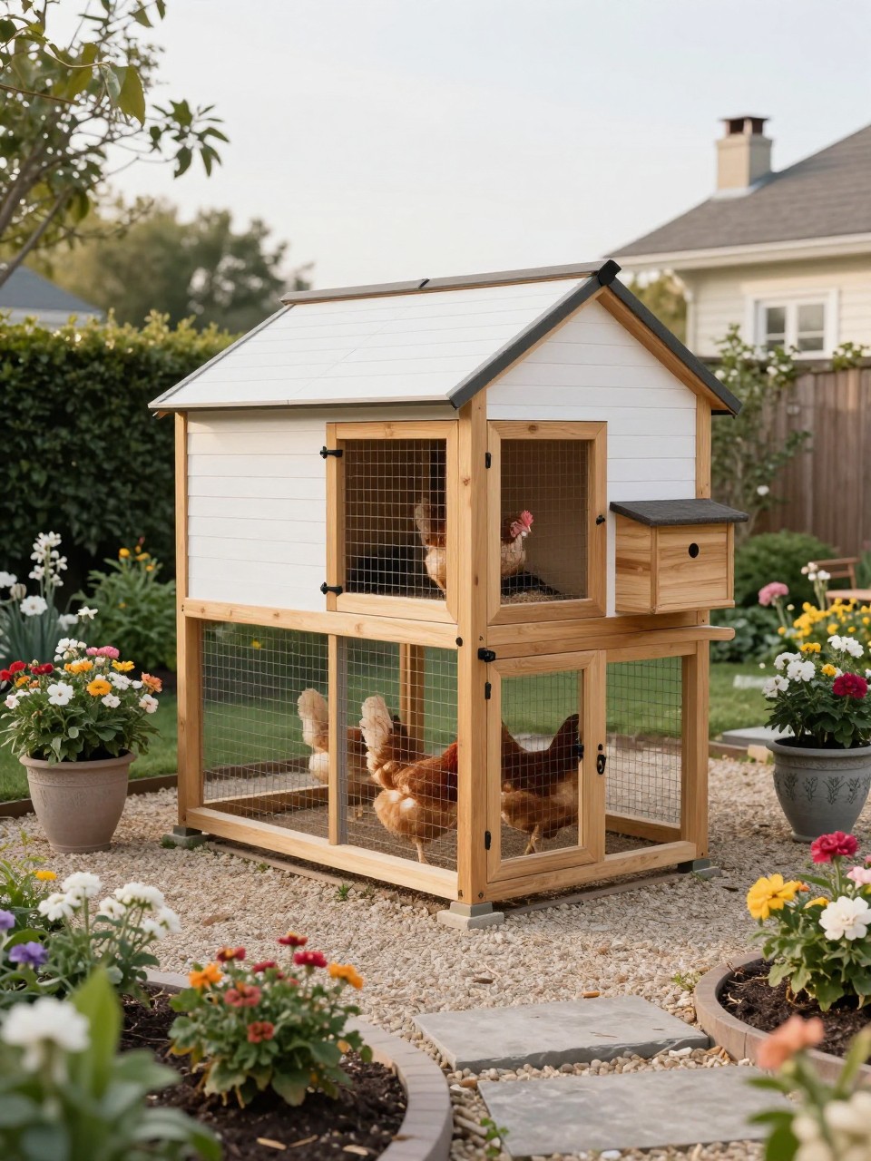 Image Prompt: A luxury garden-style walk in chicken coop in a beautifully landscaped backyard, large but compact wooden coop with white siding and natural wood trim, black hardware, tall secure wire run, pitched roof, side nesting boxes, gravel path, blooming flowers, raised beds, and decorative planters around the coop, chickens inside, elegant backyard homestead design, soft golden light, no people, no text, no watermark.